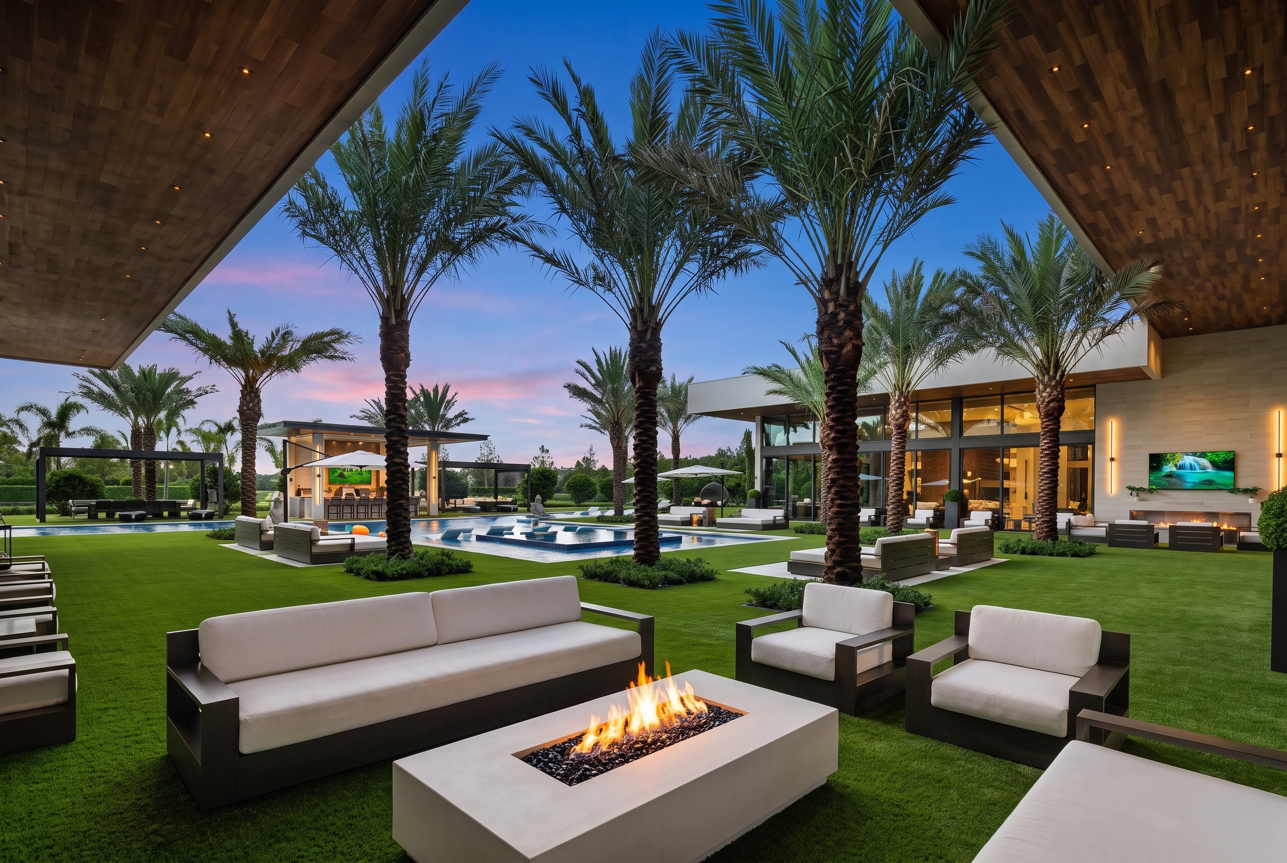 Twilight over the Casa Maranello pool and swim-up bar pavilion — Delray Beach